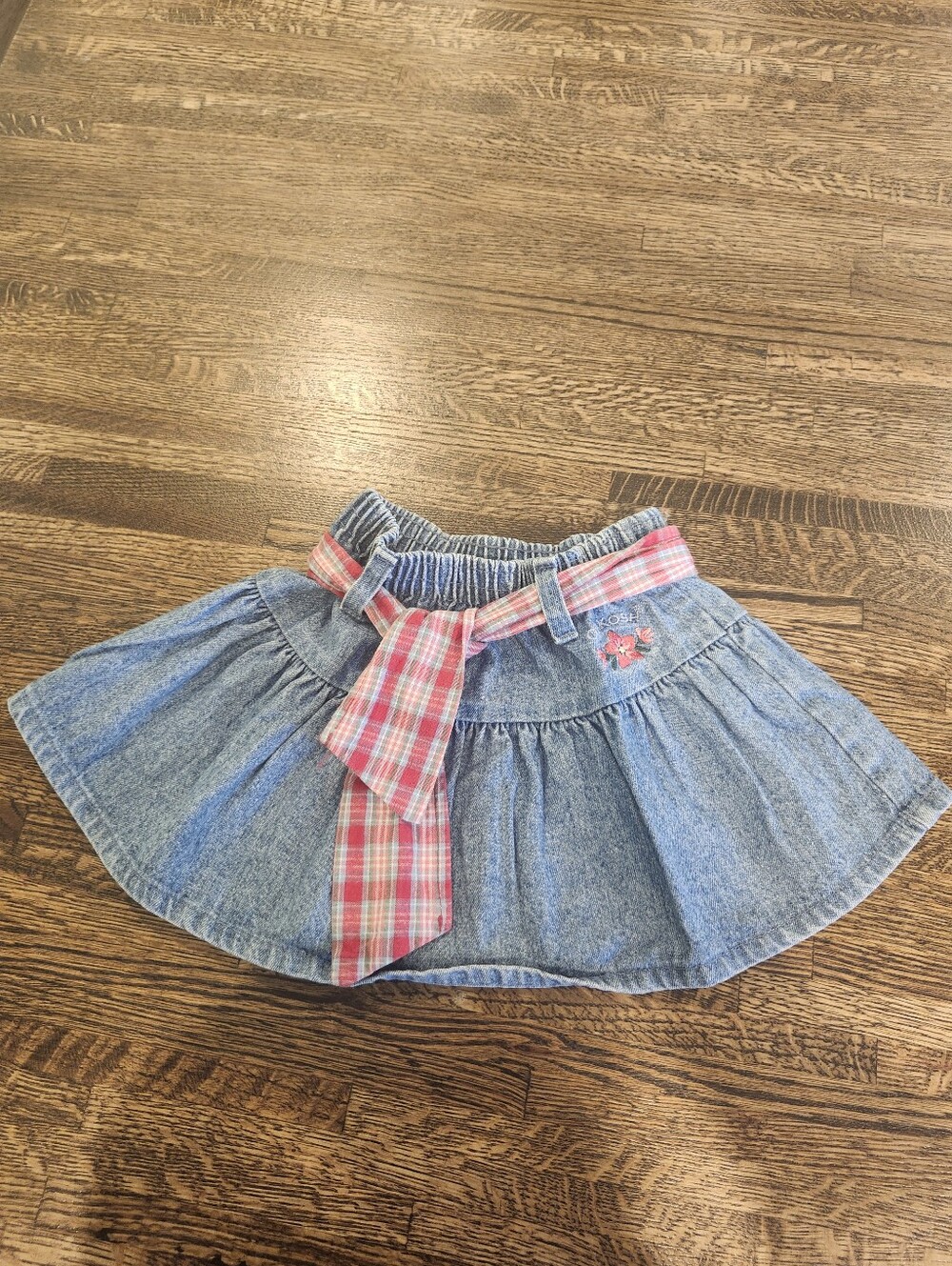 VINTAGE OSHKOSH B'GOSH 90's Girls Denim Skirt Pink Plaid Tie Made In USA Sz 2T